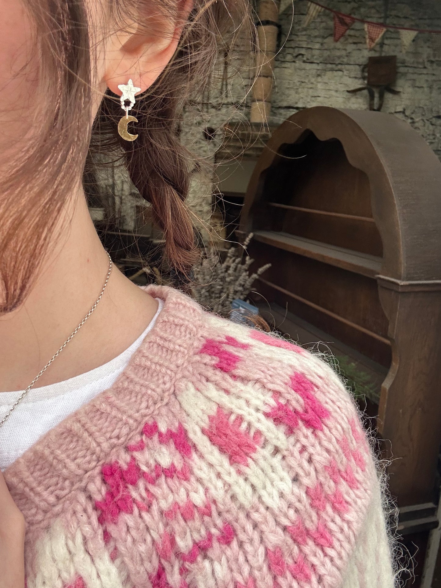 Silver and Brass star and moon studs