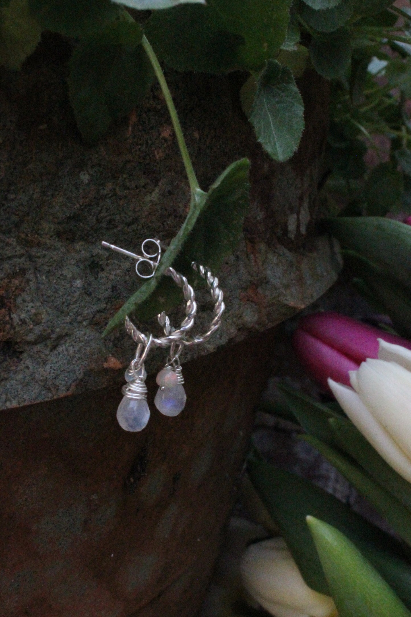 Twisted Stud Hoops – Opal and Moonstone