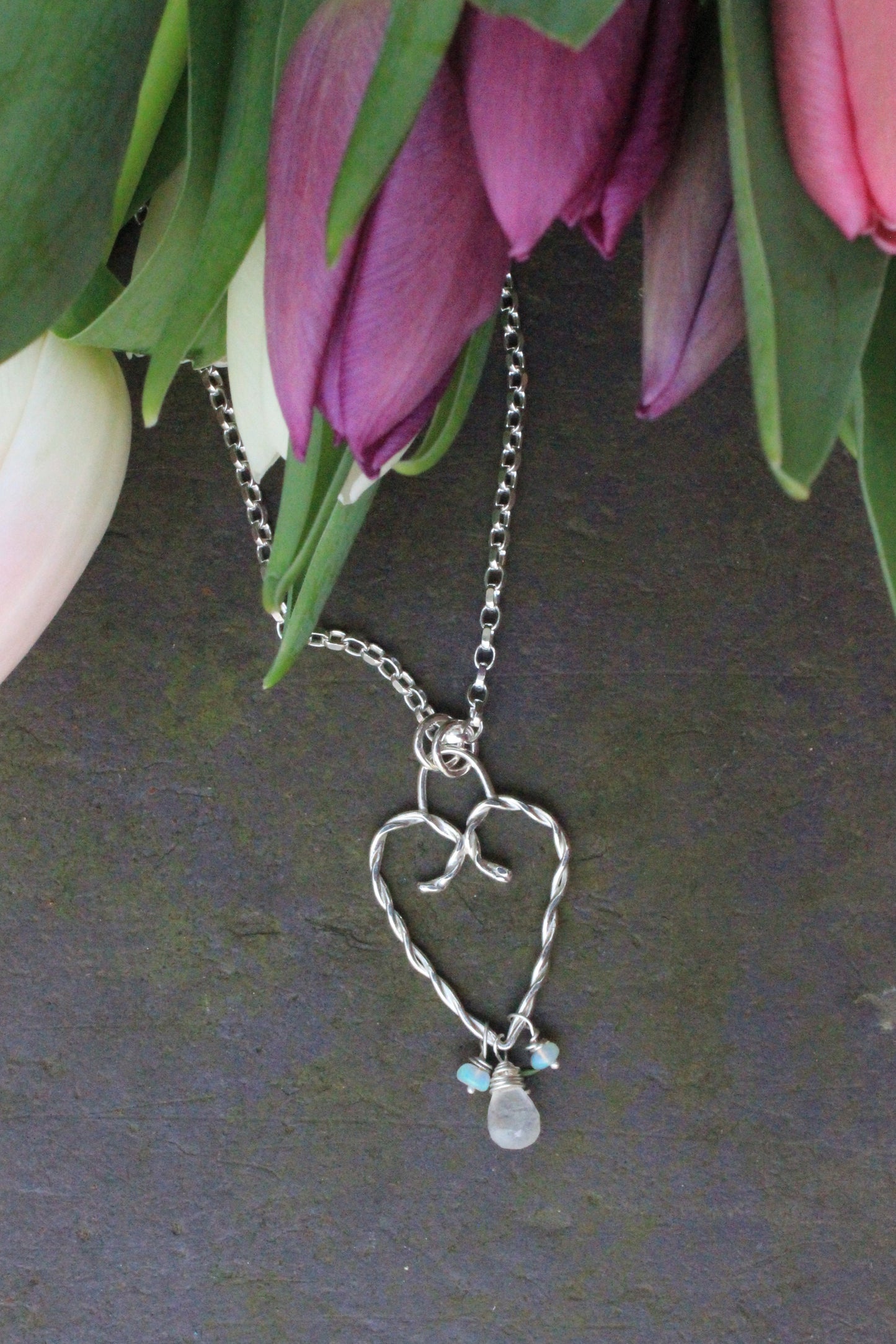 Twisted Heart Pendant – Opal and Moonstone