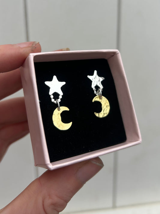 Silver and Brass star and moon studs