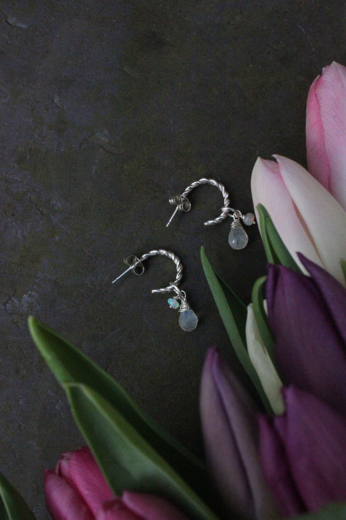 Twisted Stud Hoops – Opal and Moonstone