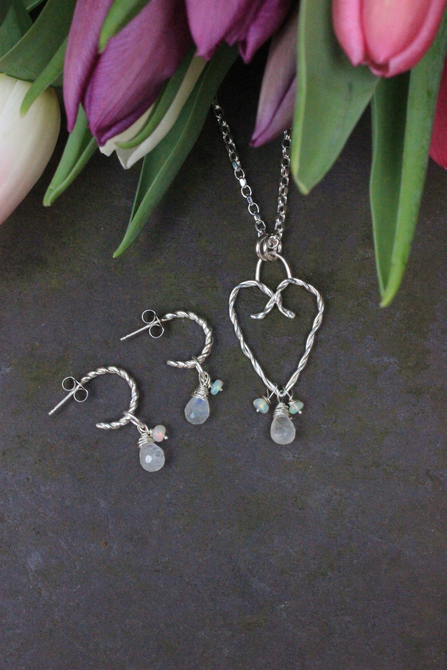 Twisted Stud Hoops – Opal and Moonstone
