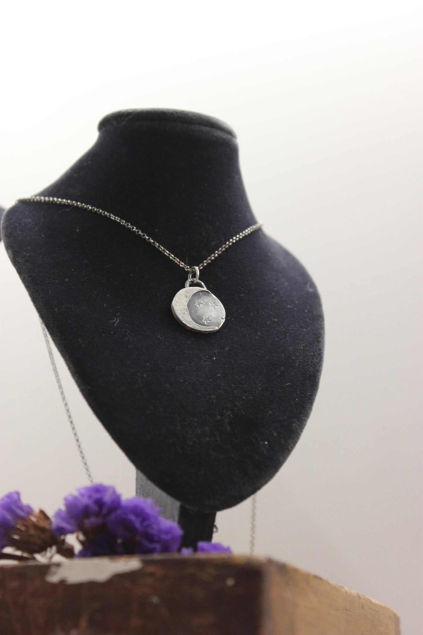 Moon with star accents necklace with patina